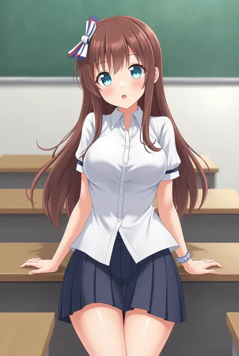 An anime girl with a short skirt and a tight shirt,While in the classroom
May she have a very beautiful and developed body 
And let her legs and full body be seen,And let your abdomen be seen, That it has a tighter and raised shirt Long Hair/Smile,  breast...