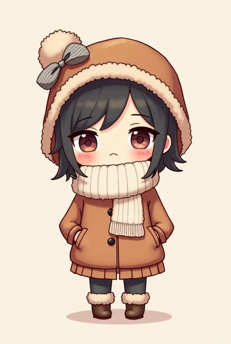 Can you make this CHIBI girl wear a jacket,bonnet and a scarf while having a frowny sad face