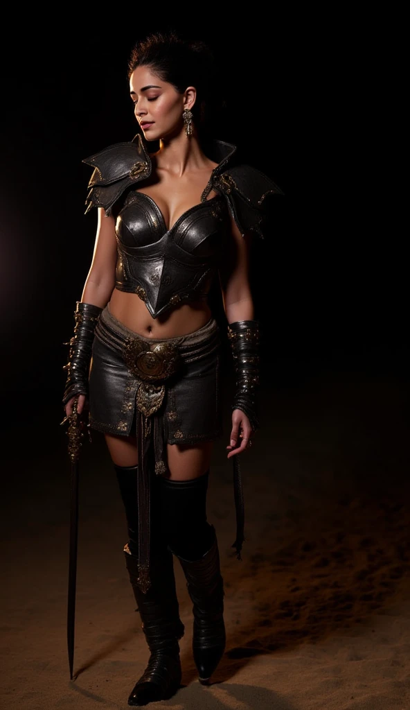 "erotic high quality close-up  photograph of Pooja Hegde  a powerful warrior woman, dark and atmospheric setting, confrontational and strong pose, looking at viewer, minimal striking armor, dark metallic, angular shoulder armor, chest plate, ornate belt, m...