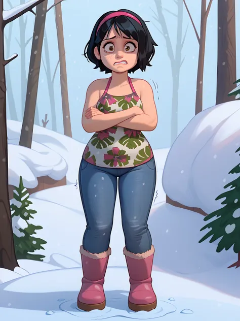 1girl, solo, SammyGutierrez, black hair, short hair, pink hairband, pink lips, brown eyes, dark-skinned female, tank top, floral print, bare shoulders, jeans, boots, snow, winter, tundra, crossed arms, frown, scared, nervous, worried, clenched teeth, cold ...