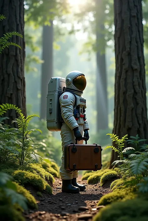 An astronaut associated with a suitcase in a forest