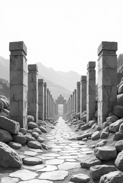 Draw an engraving. Let it be an ancient necropolis. Let it be in ultra hd size. Let it be on a mountainside. Let it be no buildings. Let it be ancient ruins. Let it be ancient steles. It should be from the front. It should be black and white.