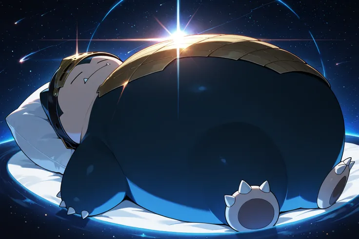 Samurai Snorlax sleeping on a futon floating in space, Samurai, helmet, armor, masterpiece, best quality, absurd