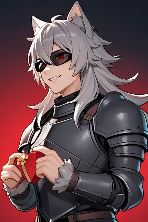 Semi-human male werewolf puppy Long hair ,  smile,  red eyes, Japanese gray armor with shades of red , Wolf ears delivering a heart-shaped gift to their queen 