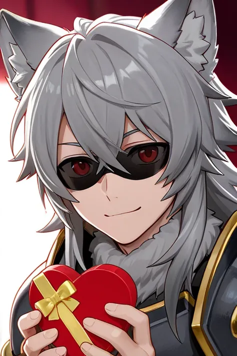 Semi-human male werewolf puppy Long hair ,  smile,  red eyes, Japanese gray armor with shades of red , Wolf ears delivering a heart-shaped gift to their queen 