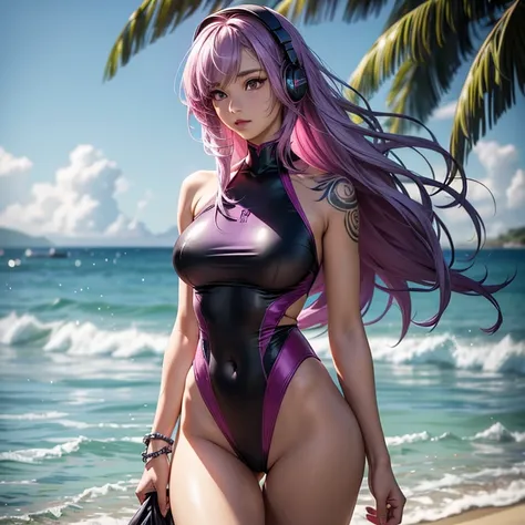 1_girl, solo, masterpiece, woman 4, dynamic, k pop IDOL, promotional photo, impressive eyes, fine skin texture, confident lol, rock singer,  straight pink and purple hair, Headphones, Long Hair, Tattoo, dressed in a hawaiian swimsuit, ocean beach backgroun...