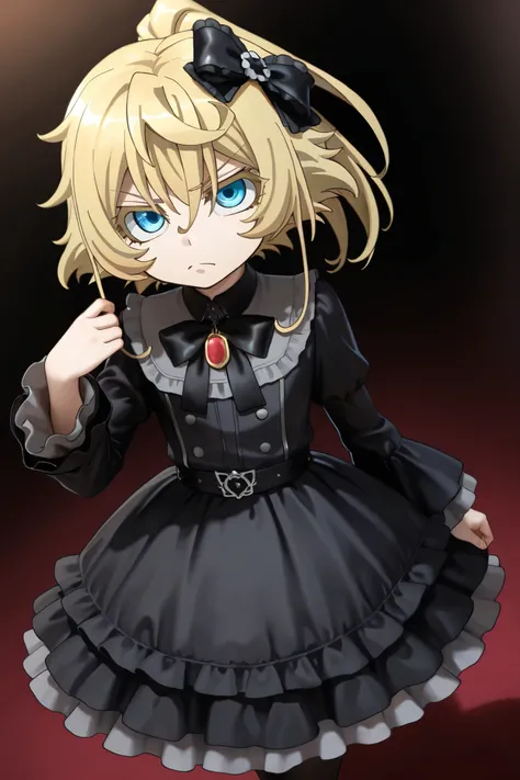 NSFW, Masterpiece, top quality, Hi-Res, very detailed, Tanya DeGrechaff, short hair、 blue eyes、 blond hair、 、 side lock、stupid hair、 ponytail、ショート ponytail, Gothic Lolita Dress , frill dress,ribbon, night entertainment district