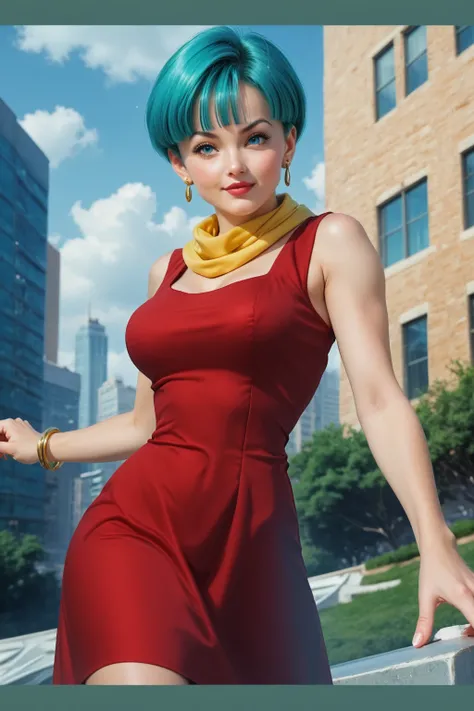 masterpiece, best quality, &lt;lora:bulmadbzreddress:1&gt;, 1girl, Bulma (Dragon Ball), aqua hair, short hair, blue eyes, earrings, red dress, sleeveless, yellow scarf, bracelet, standing, medium breasts, city background, realistic, detailed, high contrast...