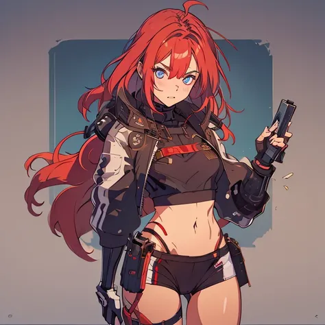 A teeage woman ,beatiful face ,big chest ,big hip, long red hair reaching back ,blue eye, sport bra, war  ,gun , sexy,full -body view ,Abstract, 