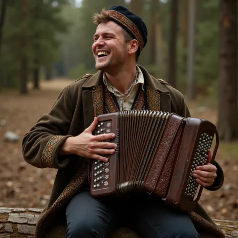  A young man, sitting on a log with an accordion in hand, laugh, Joy,  Russian clothes ,  traditional clothes ,  Traditional costume , Russian costume,  Slavic style,  holding ,  traditional clothes ,Russian national costume, традиционная  Russian clothes ...