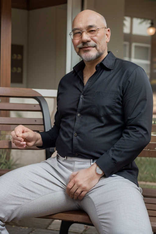 Handsome mix Japanese and Korean grandpa, fat,  glases, moustache and beard, smile shyly, wearing red suit dark grey shirt and tight white trousers, thin hair almost bald,  sitting astride on the bench open wide his legs showing his big crotch bulge, his h...