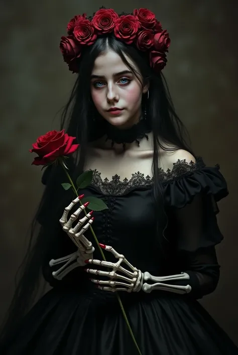 She's wearing a black wedding dress. She has a crown of roses. One of her hands is a skeleton hand and she is holding a blood  rose.