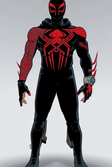 •	Top: Sleeveless skintight black and red combat shirt with a stylized red spider emblem on the chest (similar to Spider-Man’s, but more tribal and aggressive in design)
	•	Bottom: Black reinforced combat pants (designed for flexibility and durability)
	•	...