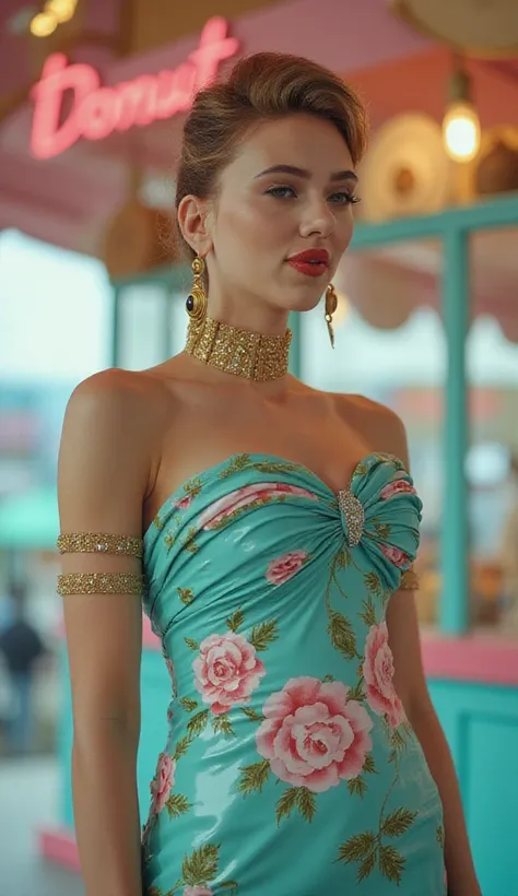 Cuper cute scandinavian  model, cefp editorial fashion photograph of a haute couture model wearing a skin tight turqouse latex gown in a donut shop, (the turquoise dress has pink Latex Roses details,  Slim skinny supermodel body, Super long skinny legs, (S...