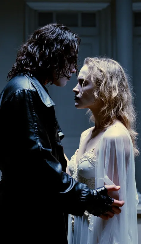  the character "The Crow".  A hyper-realistic cinematic image of The Crow , Brandon Lee, Eric Draven , hyper realistic, High detailed, With a fost in jos hand, offering at a beautiful Woman in White, blonde hair, blue eyes 