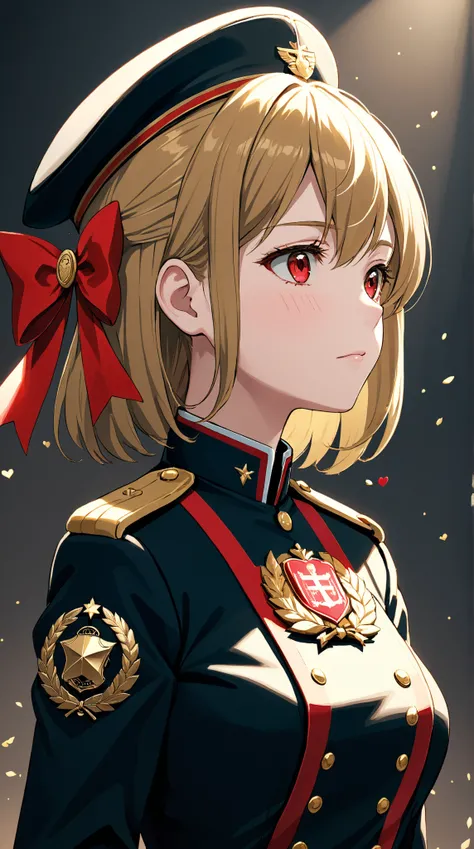 An extreme close-up, face-focused portrait of a An anime-style illustration of a powerful and dignified female military commander with a cold yet slightly blushing tsundere expression. She is dressed in a luxurious black and red military uniform with gold ...