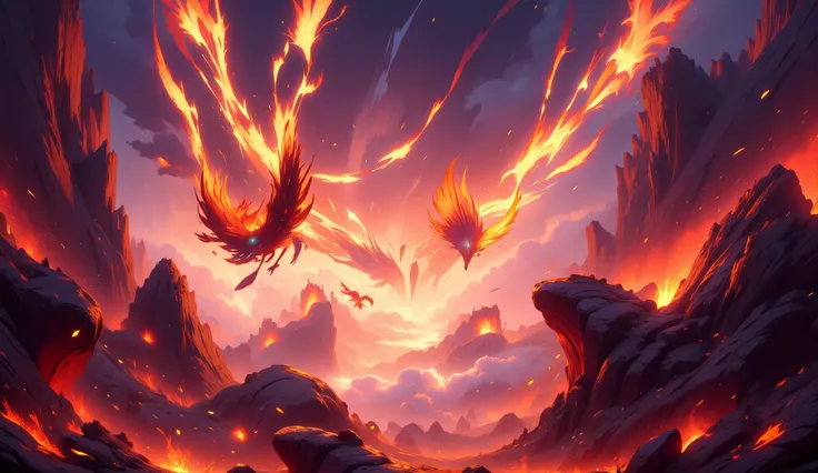 I want a cartoon wallpaper with fire elements and volcanoes with flying firebirds 