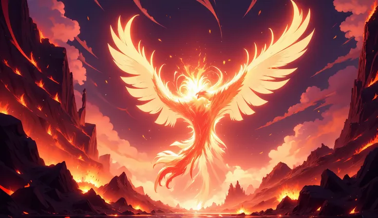 I want a cartoon wallpaper with fire elements and volcanoes with flying firebirds 