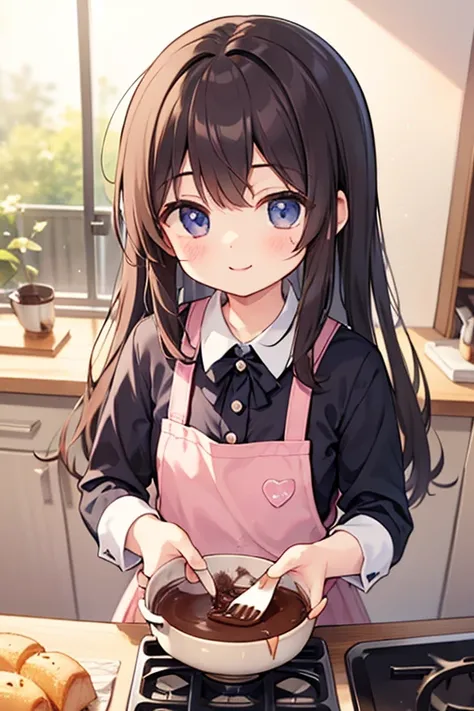 On Valentine's Day、I'm cooking chocolate while smiling thinking about my favorite boy、Elementary school girl with semi-long hair。