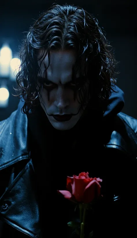  the character "The Crow".  A hyper-realistic cinematic image of The Crow , Brandon Lee, Eric Draven , hyper realistic, High detailed, With a rose in his hand, romantic, thinking of shelly 