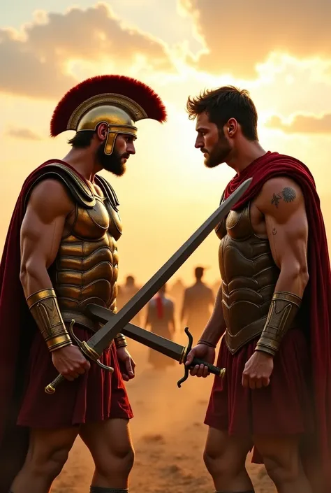 High realism, super quality, action photography style, ultra HD resolution, no fantasy, sci-fi or anime elements. Ancient Greece. The two greatest warriors on the battlefield faced off outside the gates of Troy. Achilles, with his golden armor scarred from...