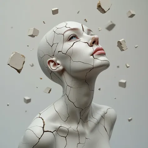  This is a photorealistic and highly detailed work of digital art that presents the face of a woman represented in a cracked and surreal ceramic texture.  The protagonist's face is represented with a smooth surface ,  similar to porcelain ,  broken into nu...