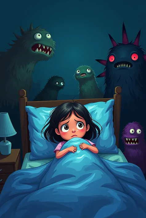 Girl in bed scared in the dark and monsters coming out ( beautiful) In toddler drawing mode