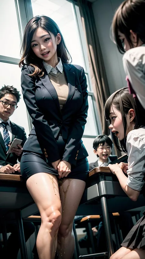  female teacher pees at the student's graduation ceremony  、Urinary incontinence、Leaking a lot of pee、Female teachers are Japanese elementary school teachers 々 looking at viewers with an arrogant expression  、from below、  staring at viewers、  black suit 、 ...