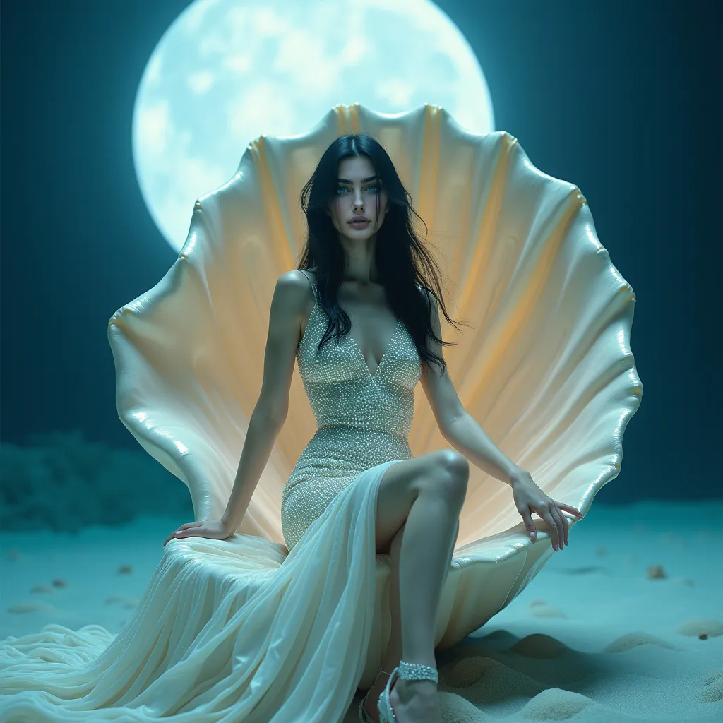 Skinny young white woman  , blue eyes,  long and straight voluminous black hair,  blue eyes ,  Long and precise dress made of sea pearls  , High pearl shoes ,  her doing a sensual pose as a professional model inside the shell  ,  She's in the water ,   A b...