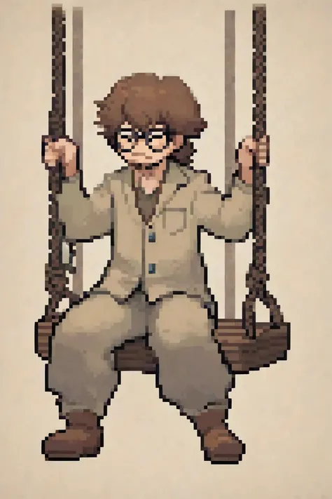 Make me a picture of a man wearing glasses sitting on a swing that is sad