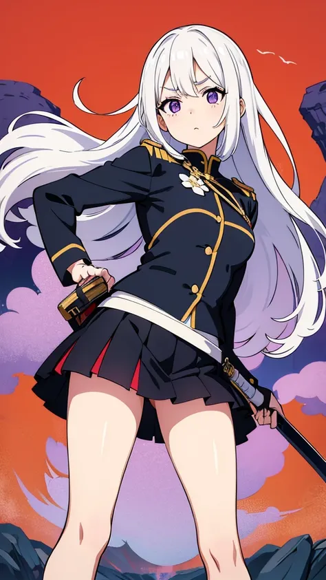  Kyoto animation style illustration 、 white hair、 long、 kind表情、black military uniform with gold lines、 purple eyes、Droopy eyes、 droopy eyes 、Big round eyes、Lovely impression、愛らしい droopy eyes 、Crisp eyes 、 kind目元、Lovely impression、 kind、fine、 bright、 big br...