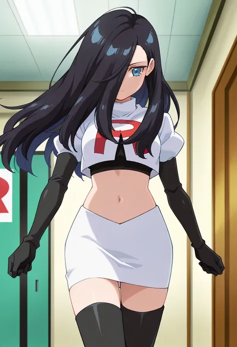 best quality, masterpiece
BREAK
1girl, natsukohirose, black hair, long hair, blue eyes, hair over one eye,
team rocket,team rocket uniform,white skirt,red letter R,crop top,black thigh-highs,black elbow gloves, cowboy shot,
indoors