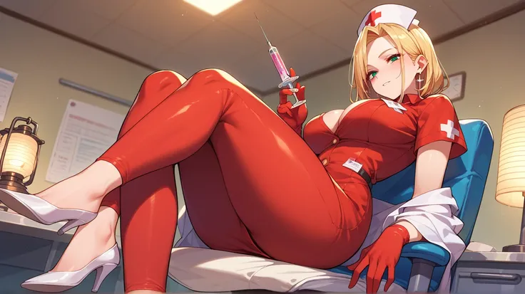  anime-style lantern. The guy sits at the doctor's appointment in a special chair, leaning back, He is magically injected into his arm with a large syringe by a very sexy curvy nurse. 