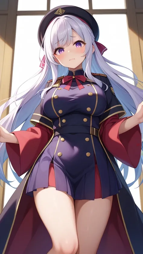  Kyoto animation style illustration 、 white hair、 long、 kind表情、black military uniform with gold lines、 purple eyes、Droopy eyes、 droopy eyes 、Big round eyes、Lovely impression、愛らしい droopy eyes 、Crisp eyes 、 kind目元、Lovely impression、 kind、fine、 bright、 big br...