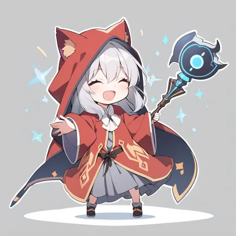  1 girl,  Hi-Res,  look,  smiles, rpg,
 Healer, has a long cane, robe, raise one hand, the wizard, no background, White and Red Clothes ,Cat ears,Gray Hair,Whole body expression, open your mouth, close your eyes,The cane is straight 