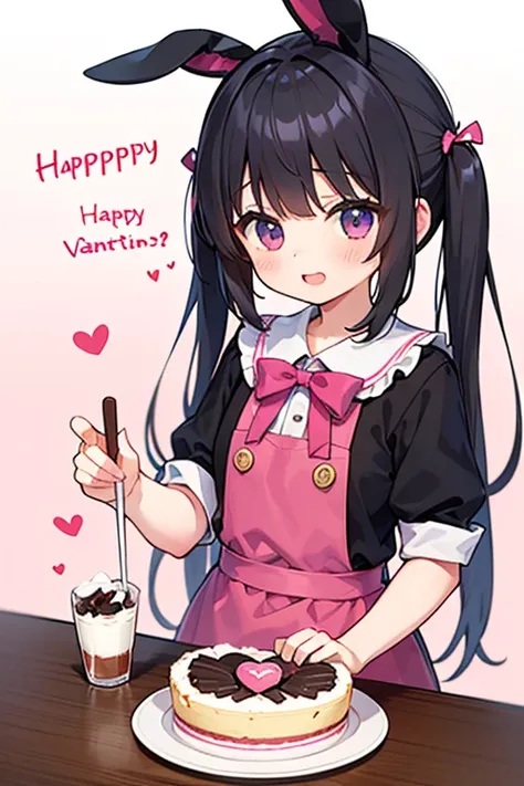 Elementary school students making gateau chocolate for their older brother on Valentine's Day〜 middle school girls。A  who likes rabbits 、The hairstyle is black and semi-long。There is a pink heart-shaped barrette on the left。The clothes are frilly and cute ...