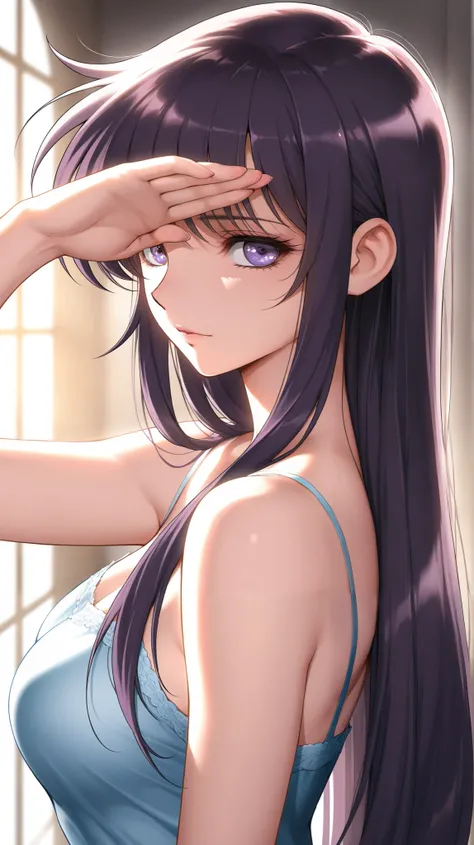 Masterpiece, elegant mature woman, sasha athena, long hair, long straight hair down to the back, bangs covering the forehead, blue lagoon color hair, tall body, camisole, upper body, dynamic lighting, ultra detailed, highres, absurdres, home,  saint seiya ...