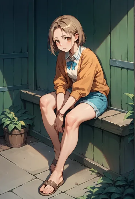 score_9, score_8_up, score_7_up, BREAK, score_9, This is an average height female teenager with straight brown chin-length hair, hazel eyes, and light skin that wears a light orange cardigan, blue shorts, and light brown sandals