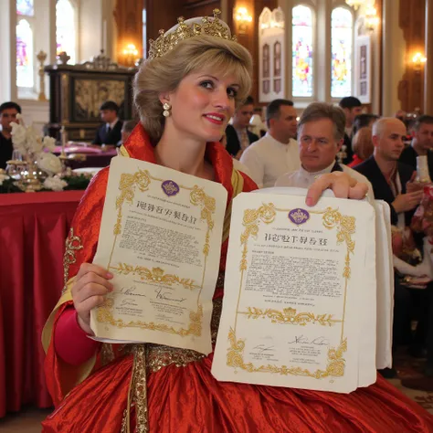 (photorealism:1.2), Princess Diana, wearing a colourful dress, sitting in a brightly lit cathedral. She is presenting a handful of large fancy royal certificates with many signatures and beautiful calligraphy