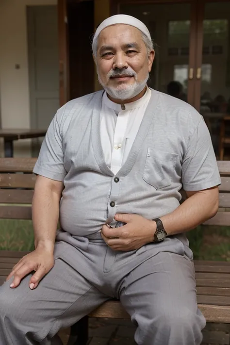 Asian Moslem old man , fat,  , moustache and beard, smile shyly, Moslem clothes, grey short hair,   sitting astride on the bench open wide his legs showing his big crotch bulge, his hand on pocket pants, 