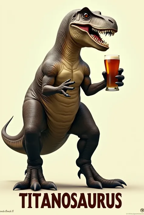  A picture of a tyrannosaurus holding a glass of beer in his paw ,  and below is a postscript  :Titanosaurus "