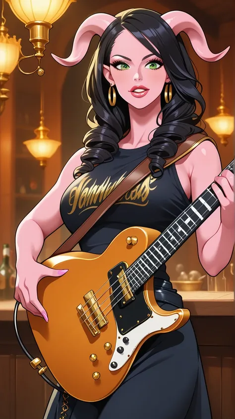 Female Bard rockstar Tiefling with pink skin,cool Tiefling horns with golden streaks,character of D&D, black hair,Ojos azules, Sonrisa, playing_instrument, electric_guitar, perfect eyes, pink skin,adult actress,background fantasy tavern,Senos grandes, Sonr...