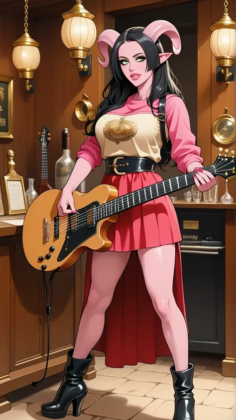 Female Bard rockstar Tiefling with pink skin,cool Tiefling horns with golden streaks,character of D&D, black hair,Ojos azules, Sonrisa, playing_instrument, electric_guitar, perfect eyes, pink skin,adult actress,background fantasy tavern,Senos grandes, Sonr...