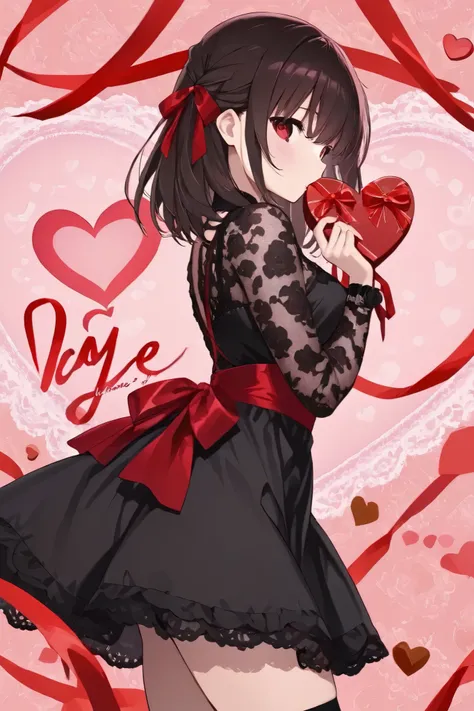 valentine、Alone ,、from side,
red ribbon、cowboy shot,  gothic costume 、white lace pattern background、
heart、