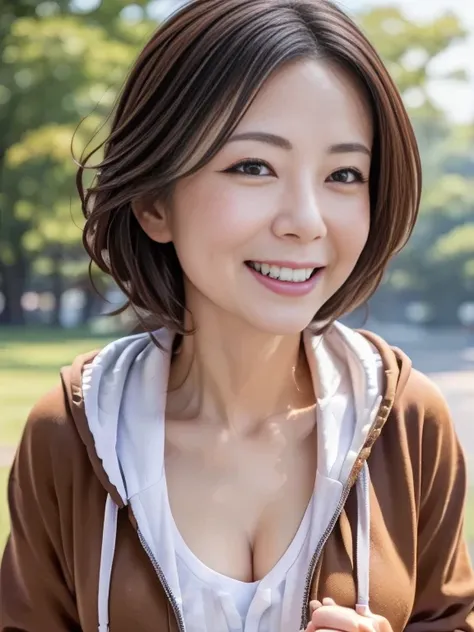 (a masterpiece portrait of a woman with ultra detailed features, in 8K resolution, with crisp quality and vibrant colors), (彼女は普通のhousewife), (One person、 Japanese woman, 40 years old, big smile,  random hairstyle、 light brown hair、Show your forehead、house...