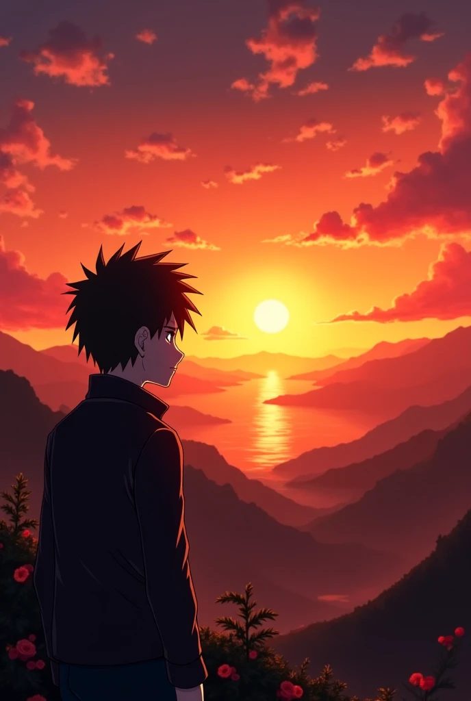 Anime picture of Itachi. His hair is short, and he is not cute in Ramadan. He is looking at a picturesque view in which the sun is setting