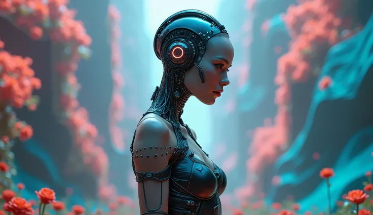 there is a woman in a dress standing in a field of flowers, cyberpunk art by andrey ryabovichev, cgsociety contest winner, digital art, kind cyborg girl with flowers, cyberpunk cyborg. roses, beautiful cyborg girl, cute cyborg girl, beutiful girl cyborg, b...