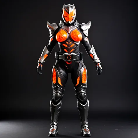 Top quality, full body, standing, from front,looking at viewer, simple background. no human features,A lava-like female humanoid monster,large breasts, muscular,non-human features,no human face,fully lava,lava armor,, a rider belt around her waist