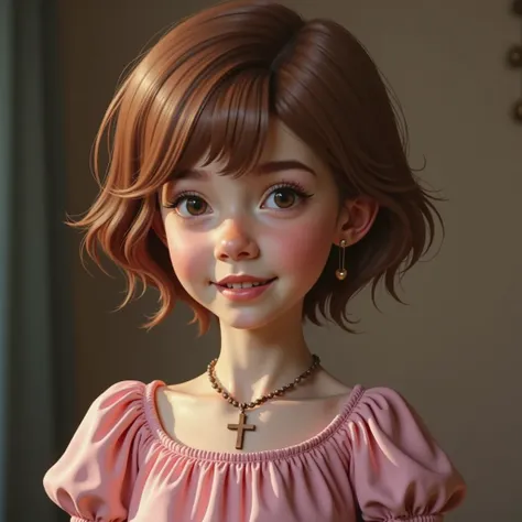 realistic photo, two headed tween girl, wooden cross necklace, brown eyes, short auburn hair, pink dress, smile