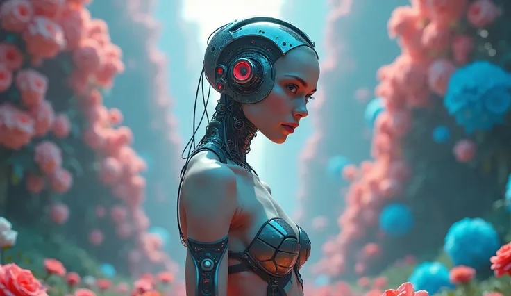 there is a woman in a dress standing in a field of flowers, cyberpunk art by andrey ryabovichev, cgsociety contest winner, digital art, kind cyborg girl with flowers, cyberpunk cyborg. roses, beautiful cyborg girl, cute cyborg girl, beutiful girl cyborg, b...